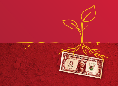 Dollar underneath ground with a plant growing out of it