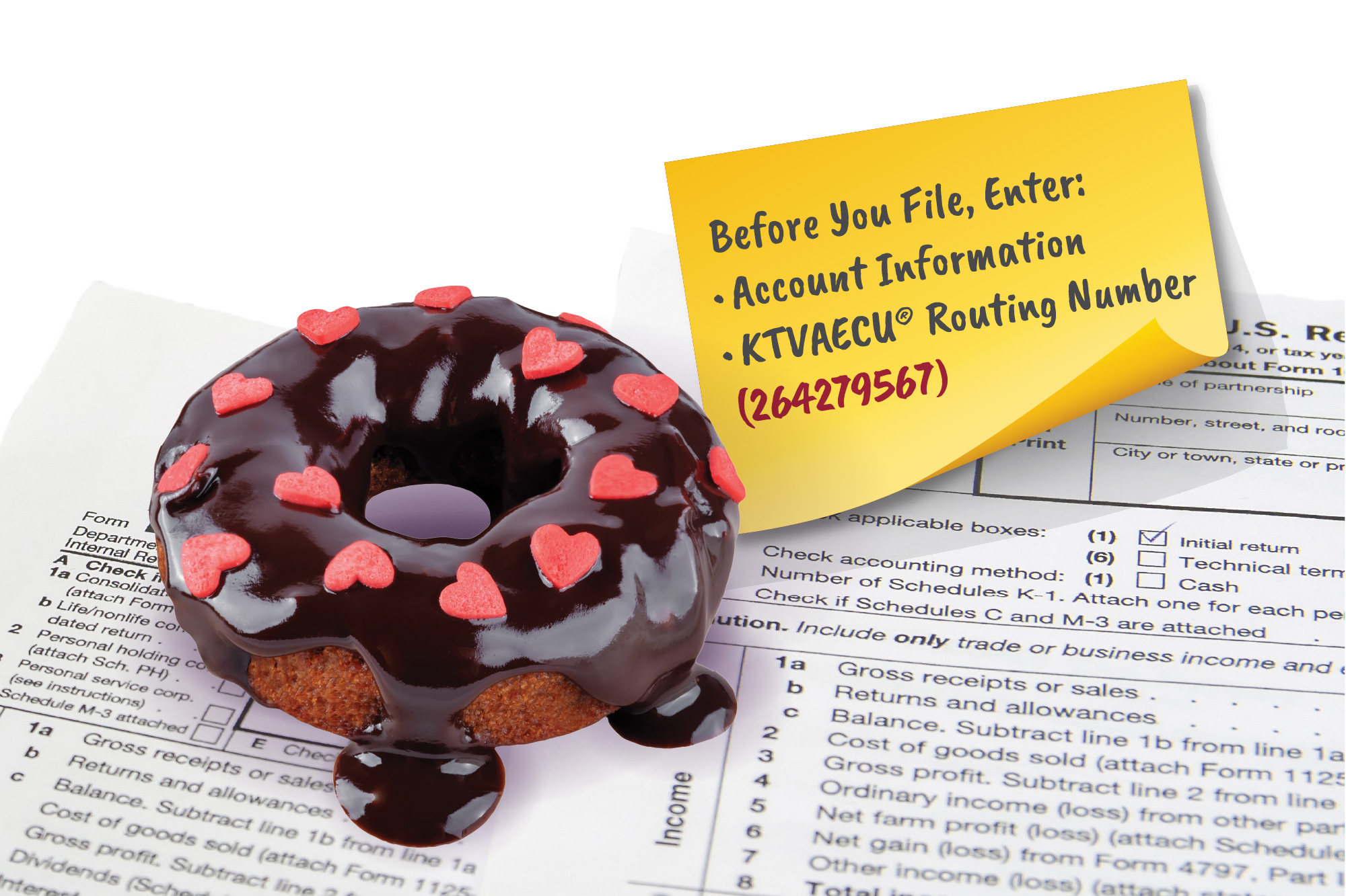 A donut on a tax document and a sticky note with KTVAECU routing information