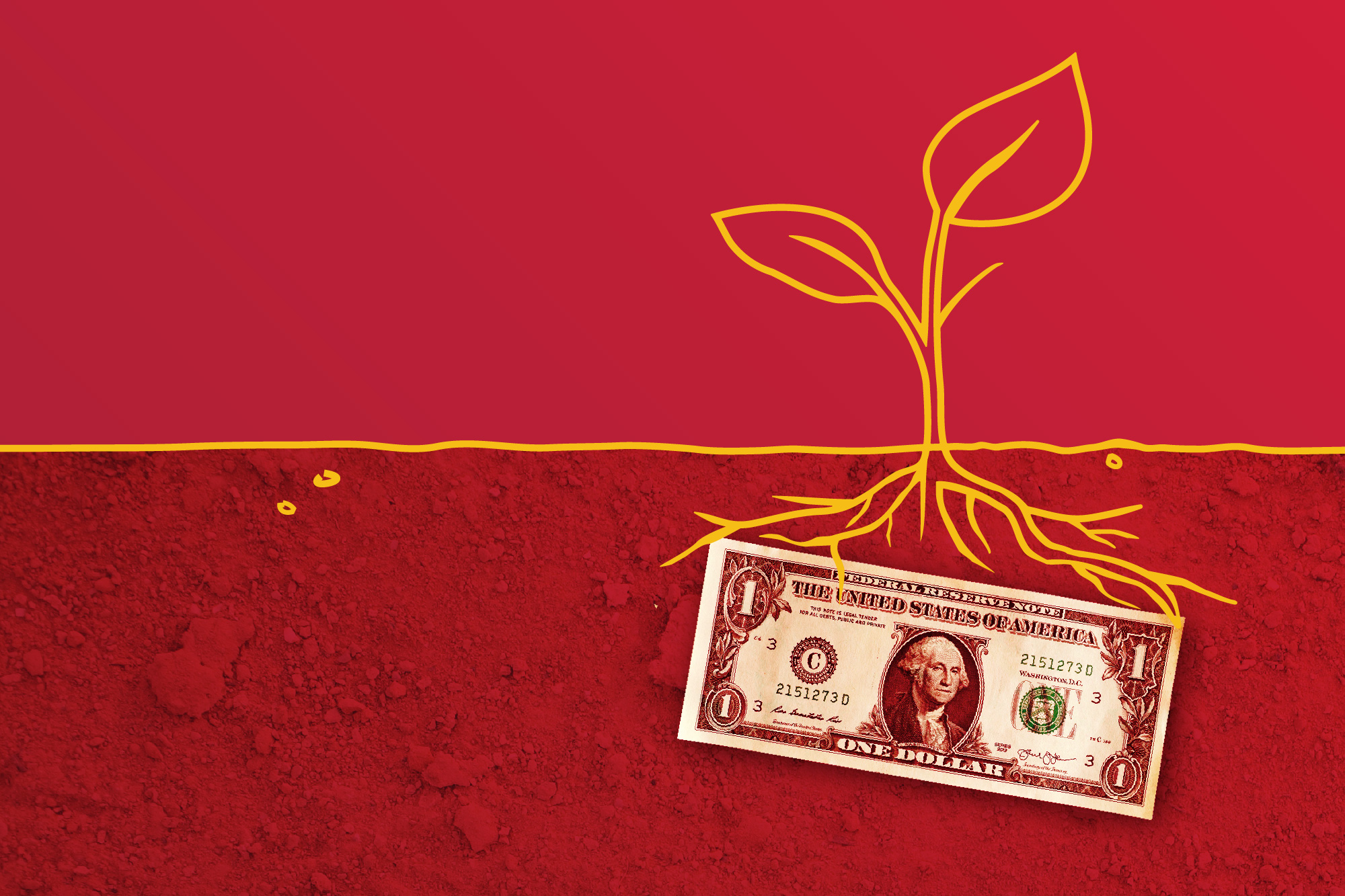 A dollar below the ground with a small plant growing above it