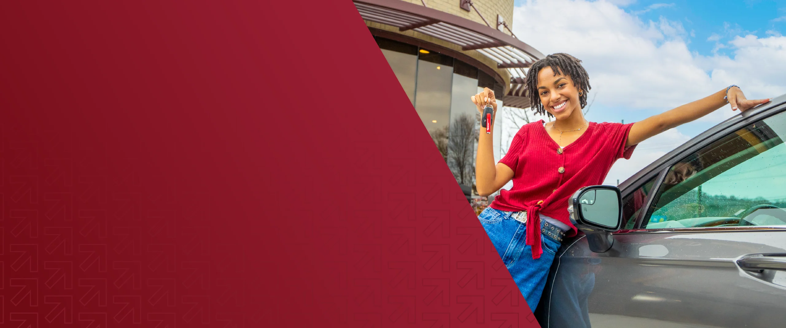 Woman leaning on car, holding car keys.