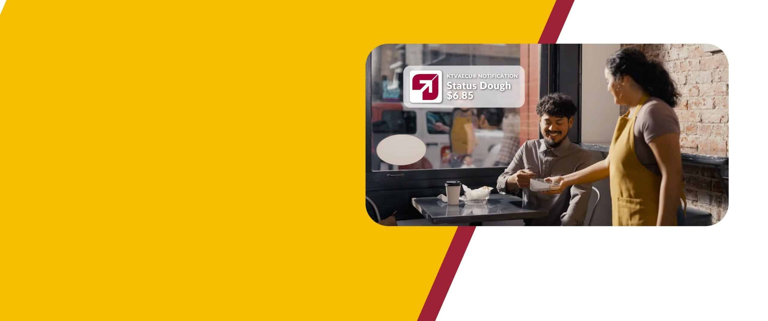 Man tapping card on device that woman is holding out in cafe as KTVAECU spend alert pops up