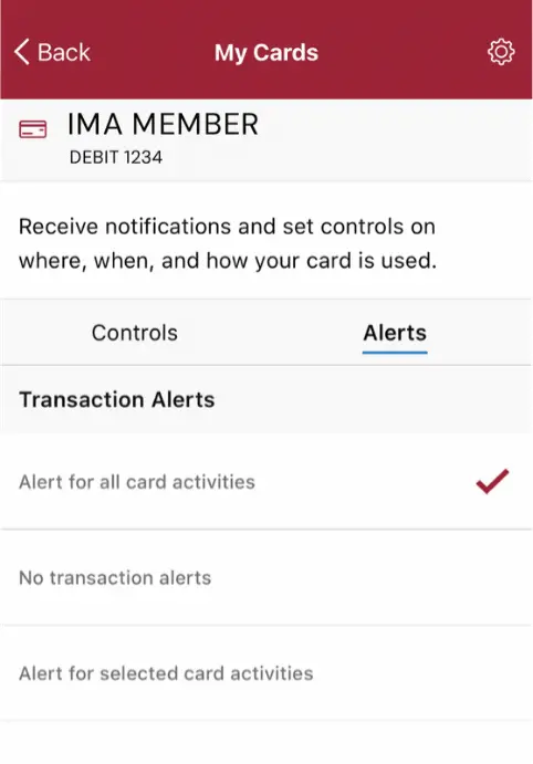 Card Controls screen with a circle around the Alerts section