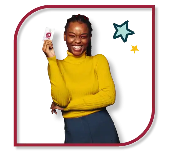 Girl holding KTVAECU Debit card surrounded by stars spinning