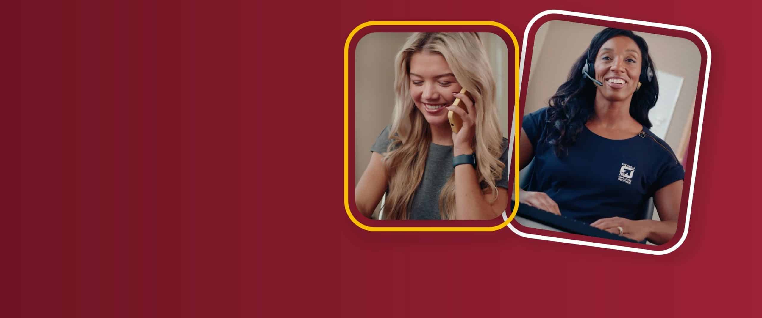Red background with KTVAECU Employee in one photo bubble and Member calling on cell phone in the other photo bubble