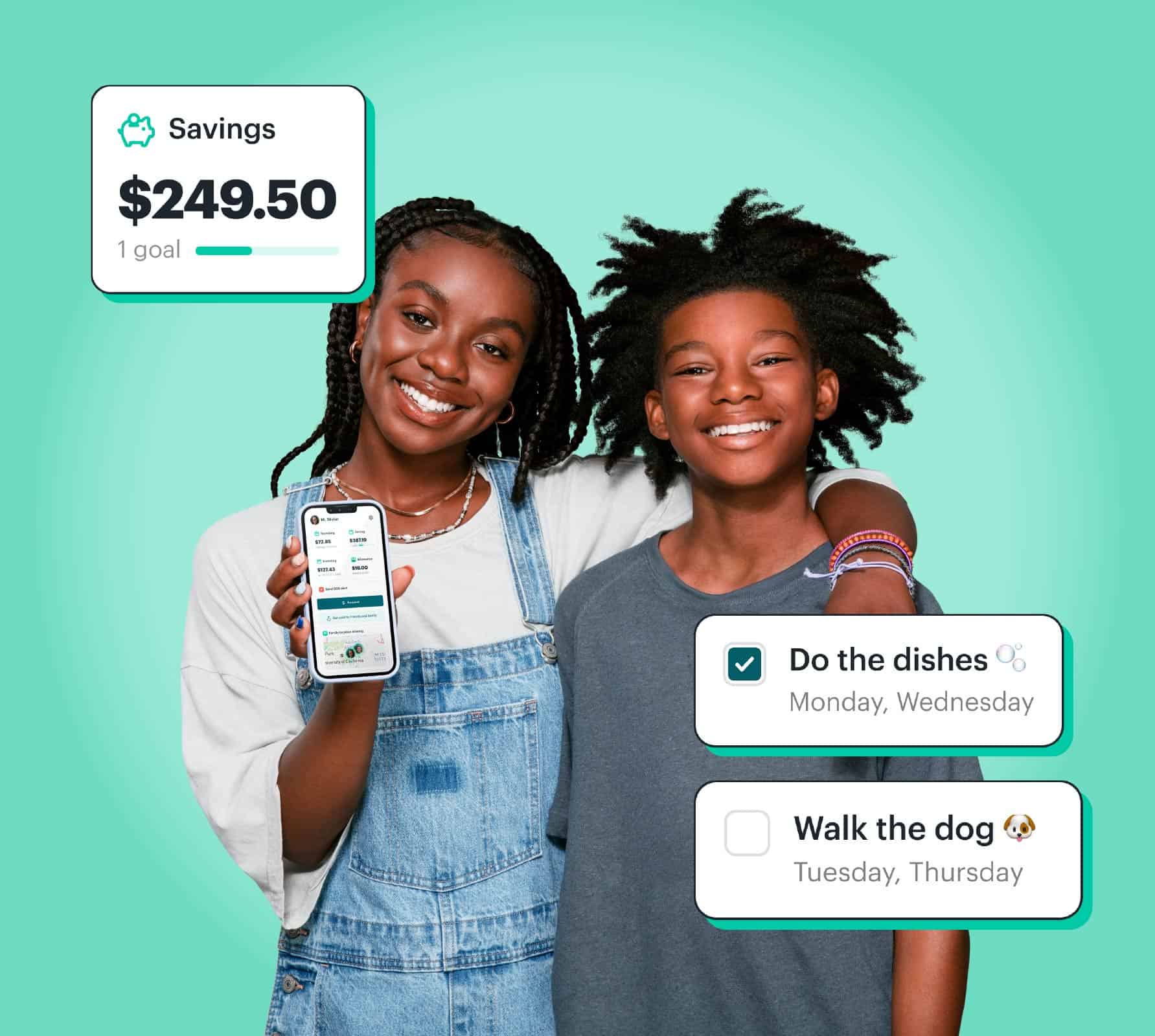 Two kids holding a cell phone showing the Greenlight app.
