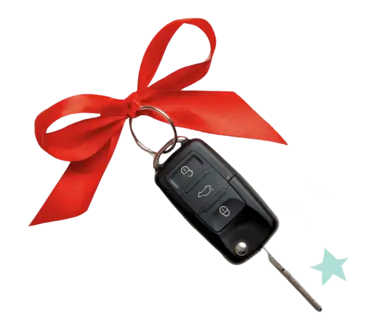 Car keys with red ribbon tied around the key ring surrounded by star icons