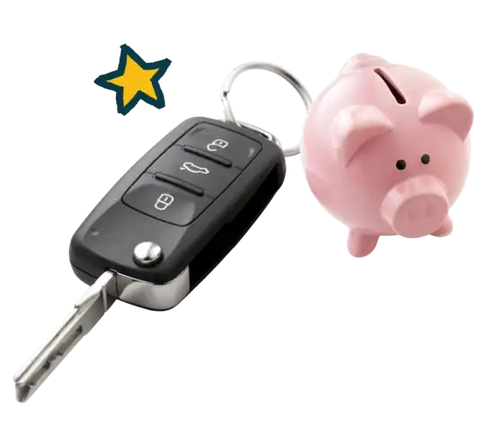 Piggy bank and car keys surrounded by star icons