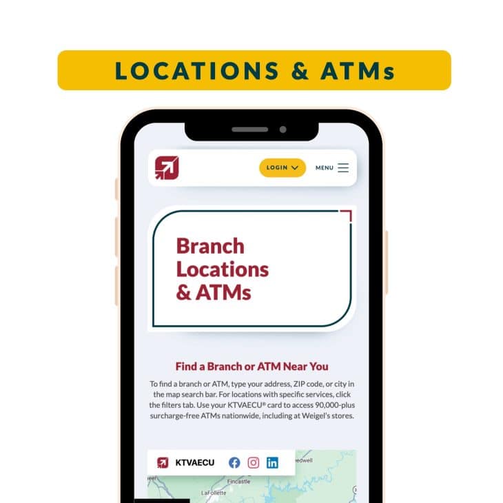 Locations page of the KTVAECU Website being displayed on a cell phone
