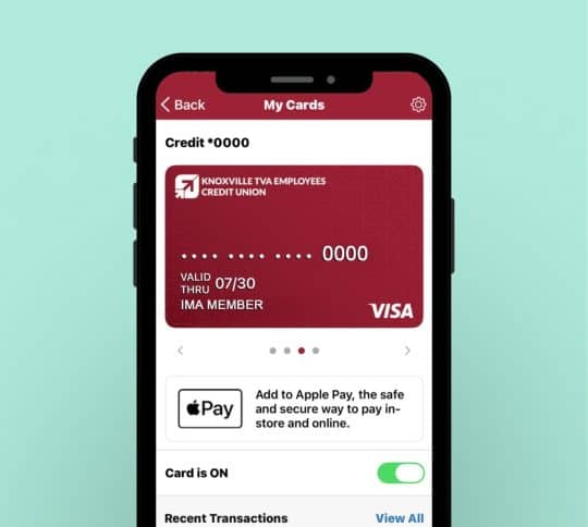 Mobile phone displaying KTVAECU Credit Card inside of the Mobile App