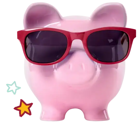Piggy Bank wearing red sunglasses with two star icons in the lower left corner