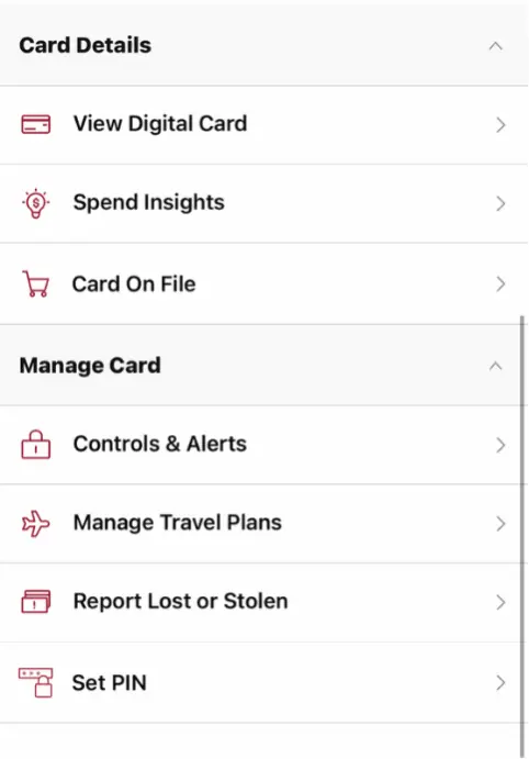 Card Controls screen with a circle around Manage Travel Plans