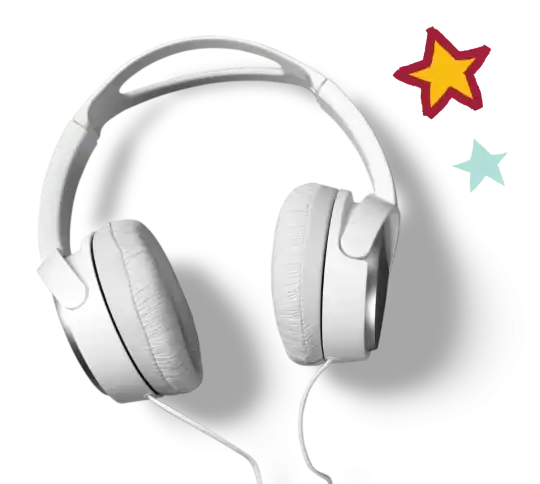 White headphones surrounded by two star icons