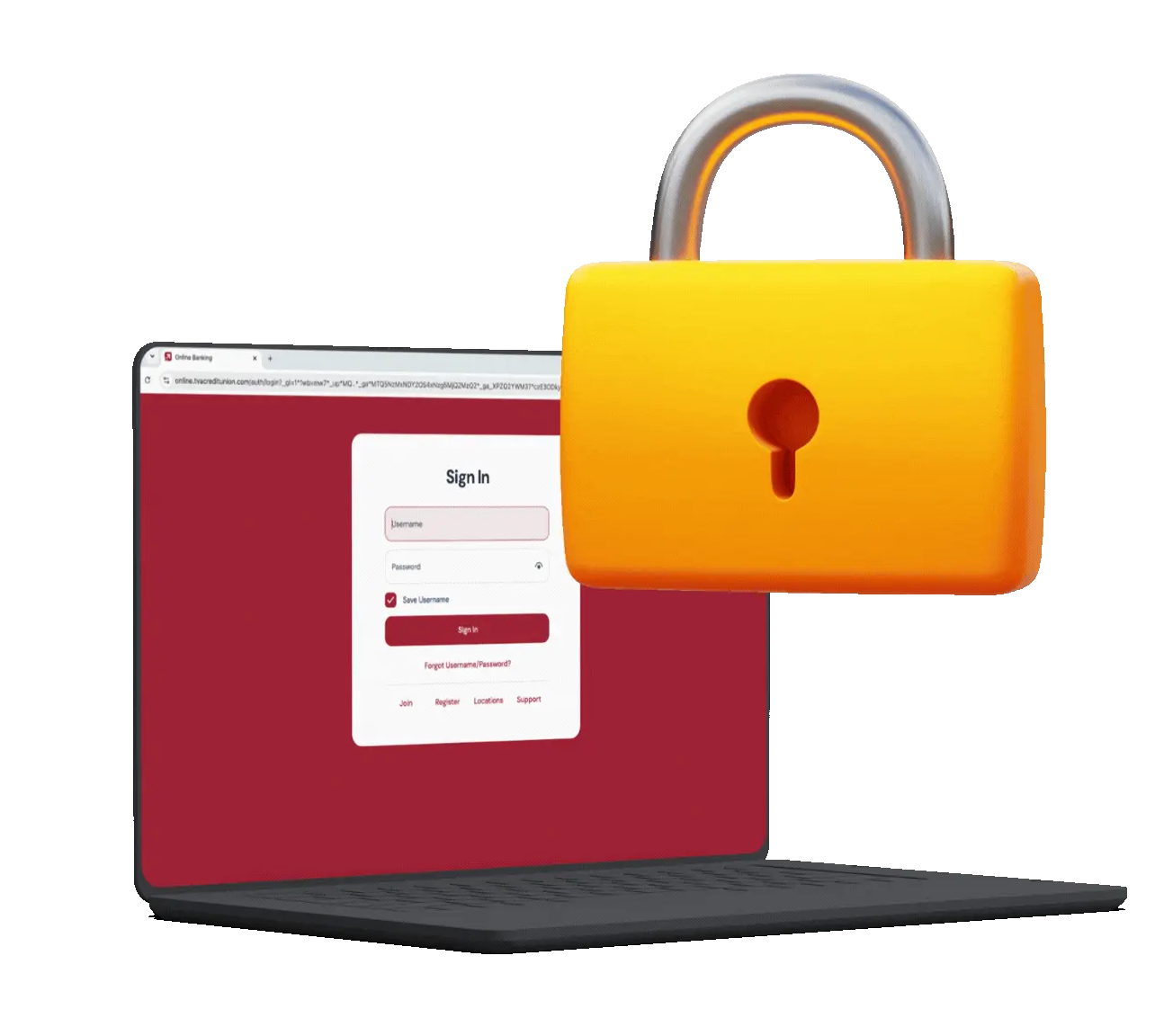 Online Banking login screen displayed on a laptop with a lock opening and closing in front of the laptop