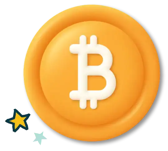 Bitcoin 3D coin with star icons around it