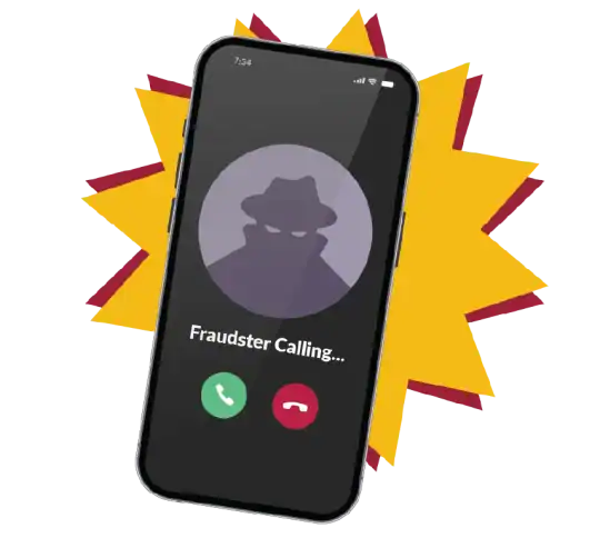Phone displaying text stating "Fraudster Calling"