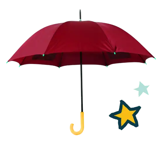 Red and yellow umbrella with star icons next to it