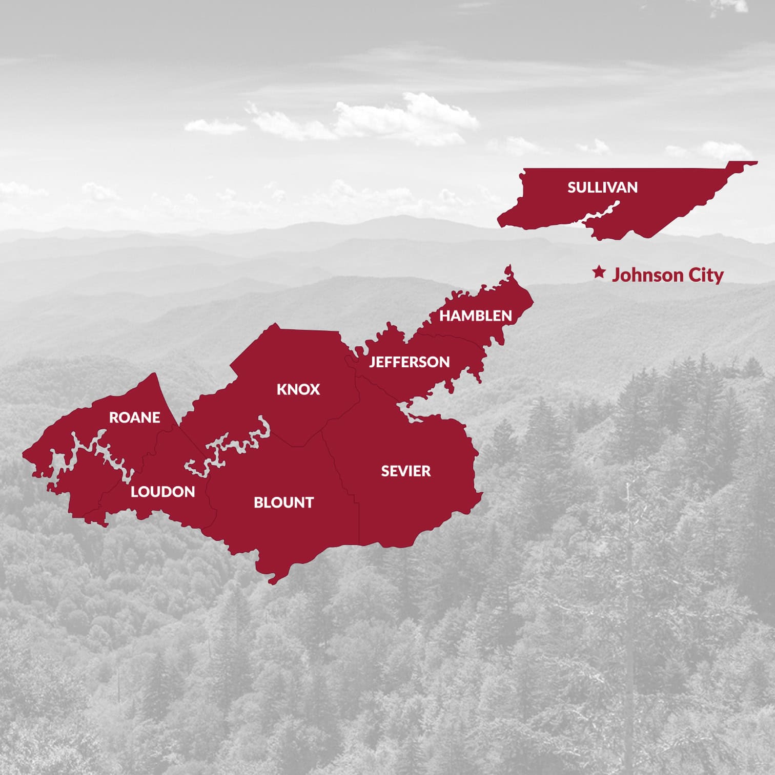 Map of the counties served by the credit union in East Tennessee.