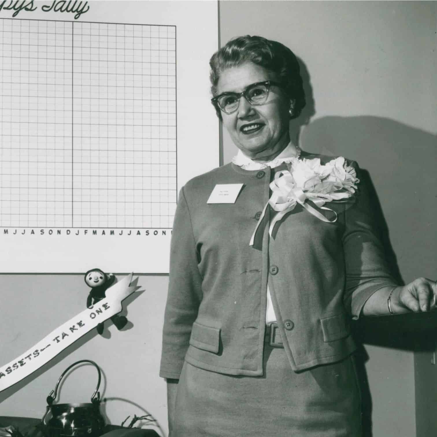 A woman stands in front of a chart.