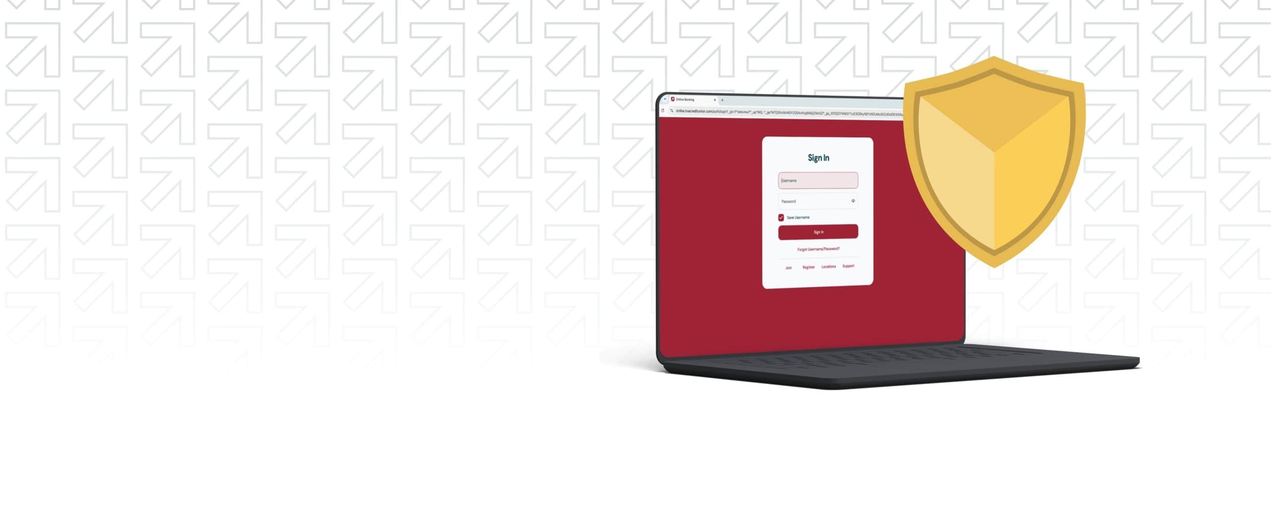 Laptop displaying KTVAECU login screen with a shield icon floating in front